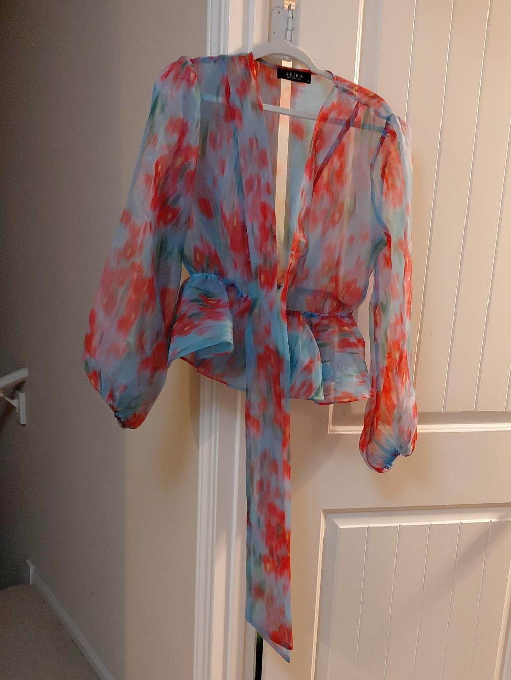 AKIRA Light Blue Sheer Tie-Front Blouse with Coral Print
